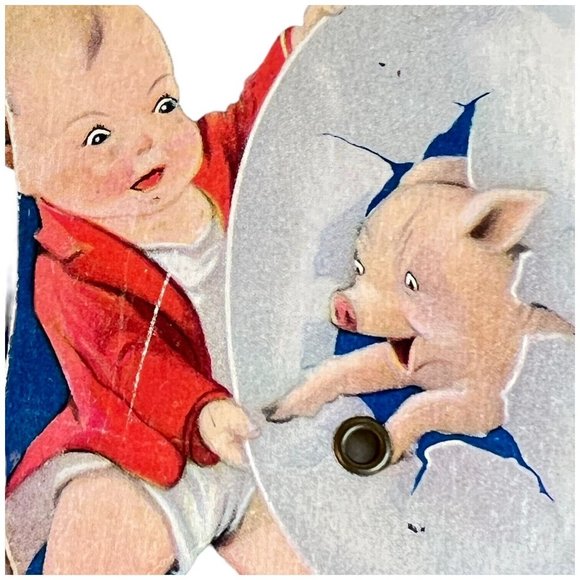 Vintage Tri Fold Advertising Cardboard Fan Boy With Circus Pigs Blue Folding - Picture 9 of 14